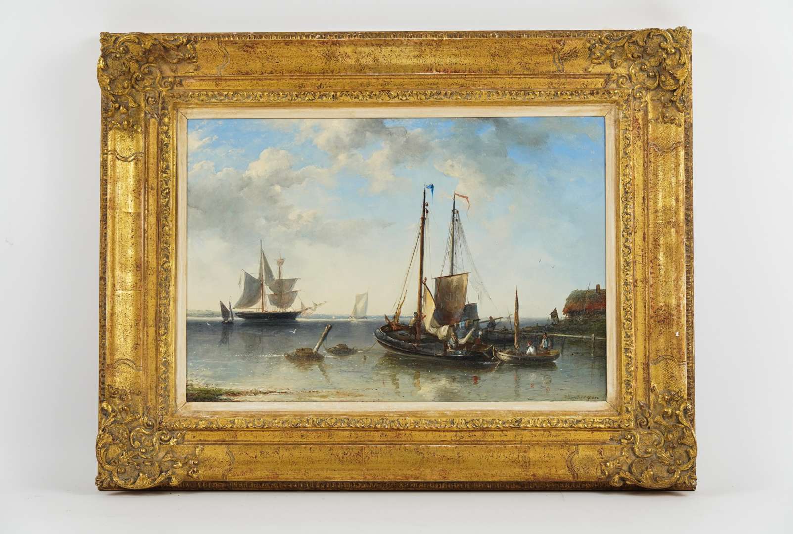 19e-eeuws maritiem schilderij in vergulde lijst
