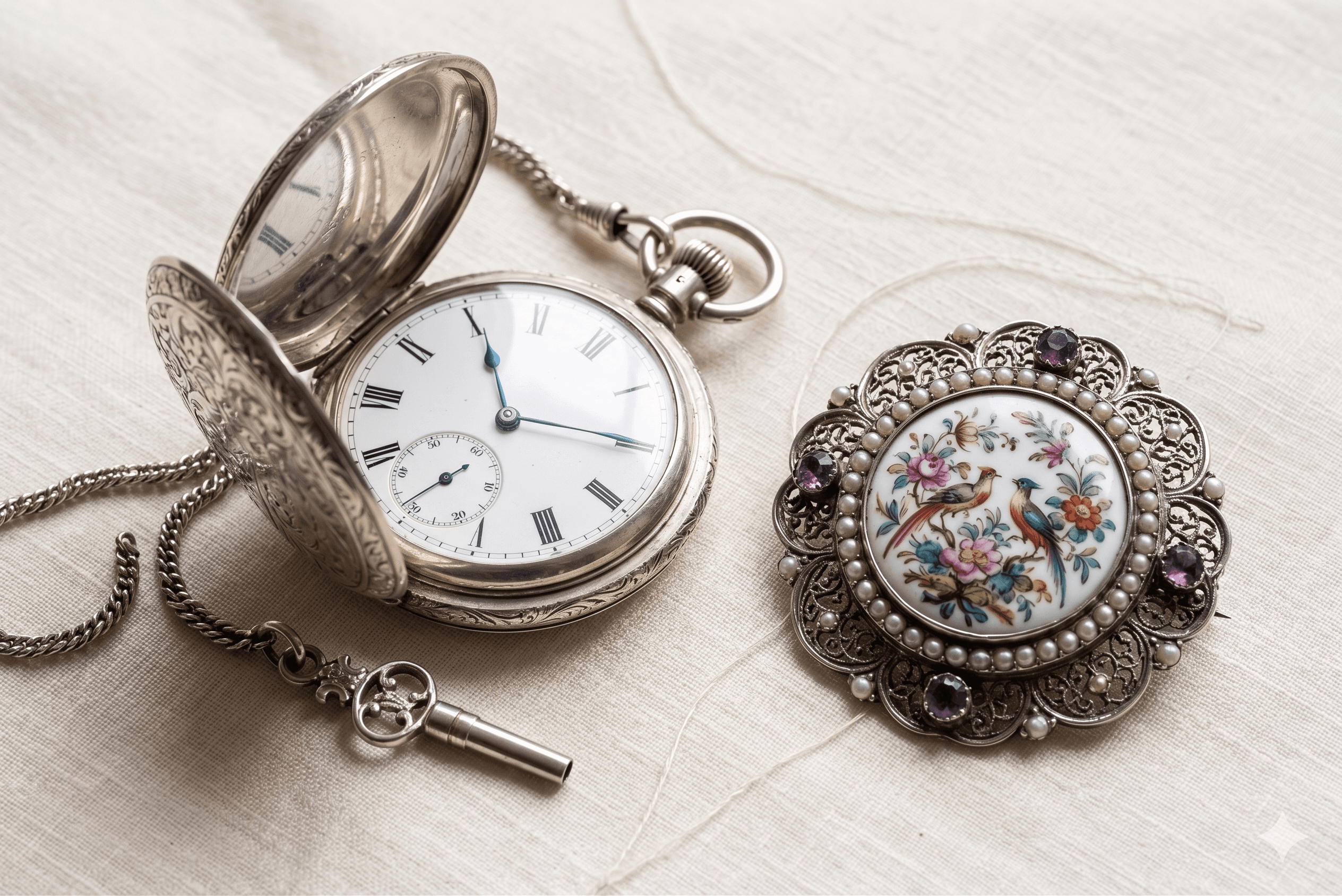 Zilveren zakhorloge met geëmailleerde broche
