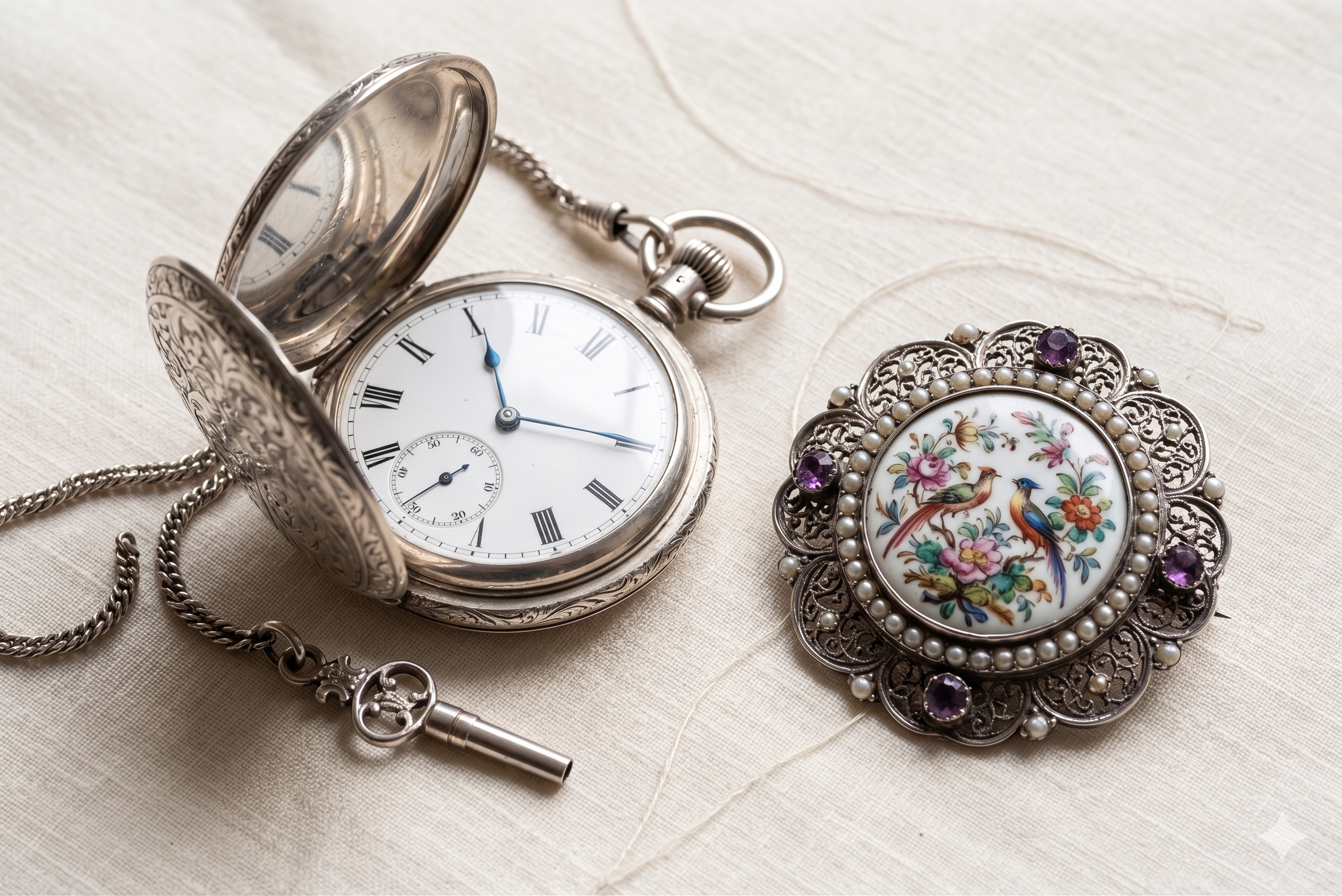 Zilveren zakhorloge & broche
